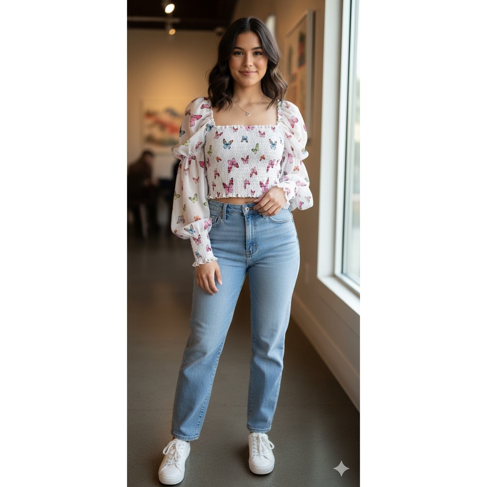 Fashion Nova Butterfly Smocked Puff‎ Sleeve Crop Top Small Fairy Milkmaid Y2k